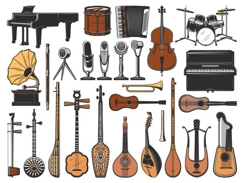 Vintage music instruments, retro microphones and gramophone. Isolated vector icons of piano, drums, cello and guitar, horn, mandolin, tanbur, shamisen and erhu, saz, tar, lyre and harp guitars