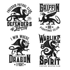 Obraz premium Tshirt prints with heraldic griffins, vector mascot for fighting club. Fantasy Griffon, dragon, lion and eagle creatures. Mythical animals silhouettes and typography, isolated grunge labels, signs set