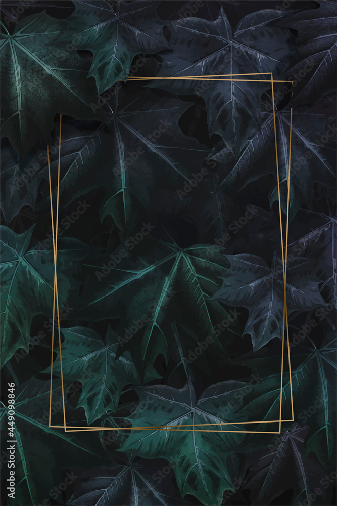 Poster rectangle gold frame on hand drawn purplish green maple leaf patterned background vector