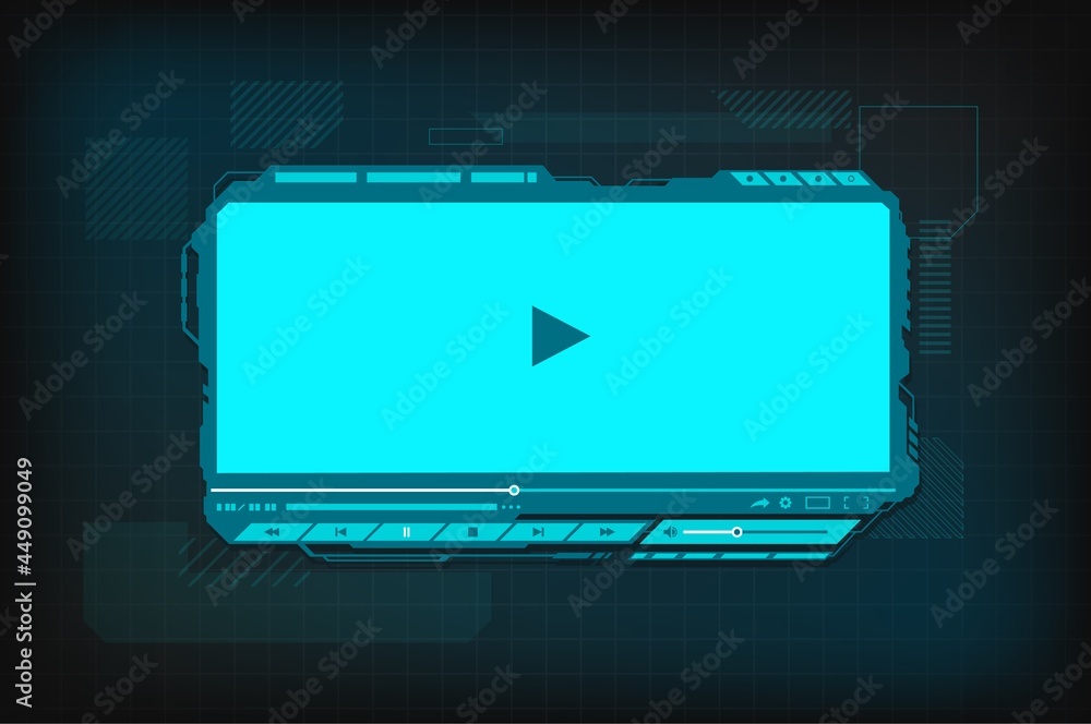 Poster hud video player futuristic screen interface. vector digital ui, ux hi-tech skin, web design for onl