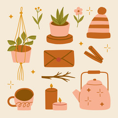 illustration set of autumn home cozy elements Scandinavian hygge style accessories fall flowers and leaves cinnamon envelope candle kettle hot drink hanging plant pot beanie hat