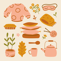 Autumn mood elements. fall cartoon hygge cozy sweater, leaves, flowers, pumpkin, pie, sleep eye mask, scarf, kettle, mug, potted plant, stack cushions, ball of yarn and needles illustration set.