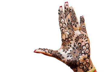 Bride's hand with henna tattoo isolated on white.