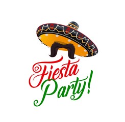 Fiesta party design. Mexican sombrero hat, mustaches or moustaches of mariachi musician. Mexico holiday celebration, latin music festival or parade event invitation vector element