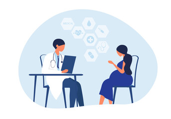 Pregnant woman consulting with doctor in hospital vector illustration