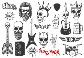 Hard rock music vector icons skull with mohawk and horns, guitars, heavy metal drums kit and dynamics. Rose flower, bearded rocker, hardcore rock music concert and festival monochrome isolated emblems