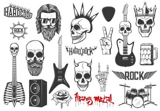 Hard rock music vector icons skull with mohawk and horns, guitars, heavy metal drums kit and dynamics. Rose flower, bearded rocker, hardcore rock music concert and festival monochrome isolated emblems