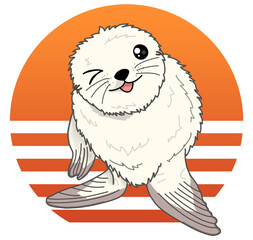 Fur Seal Cute Adorable Fun Hand Drawn Baby Animal Retro Style Isolated On White