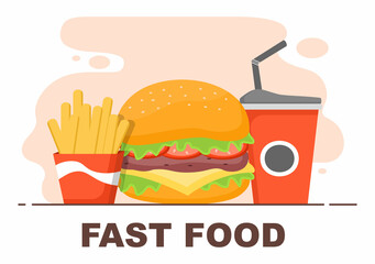 Cute Burger, French Fries and Cola Fast Food Background Vector Illustration With Refreshing Ingredients. Tasty Image Meal in Flat Style Design