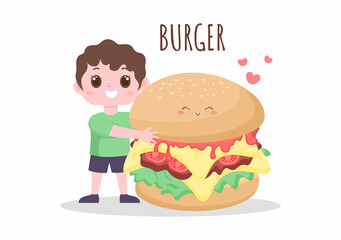 A Child Is Eating Fast Food Background Vector Illustration With Foods For Burger, Pizza, Donuts, French Fries, Hot Dog or Cola. Tasty Image Meal in Flat Style Design