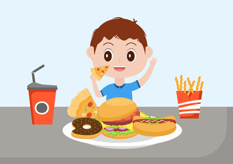 A Child Is Eating Fast Food Background Vector Illustration With Foods For Burger, Pizza, Donuts, French Fries, Hot Dog or Cola. Tasty Image Meal in Flat Style Design