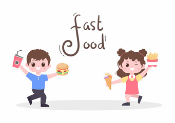 A Child Is Eating Fast Food Background Vector Illustration With Foods For Burger, Pizza, Donuts, French Fries, Hot Dog or Cola. Tasty Image Meal in Flat Style Design