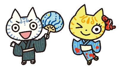 ゆかた　ねこ　カップル