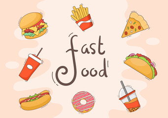Set of Fast food Background Vector Illustration With Foods For Burger, Pizza, Donuts, French Fries, Hot Dog or Cola. Meal Unhealthy And Not Nutritious