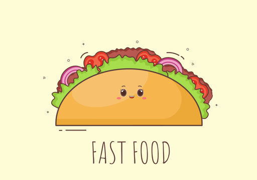 Cute Taco Fast Food Background Vector Illustration With Refreshing Ingredients. Tasty Image Meal in Flat Style Design
