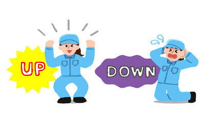 UPして喜ぶDOWNして困る女性作業員イラストセット（手描きカラー）
