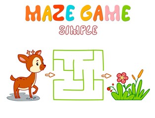 Simple Maze puzzle game for children. Color simple maze or labyrinth game with deer.