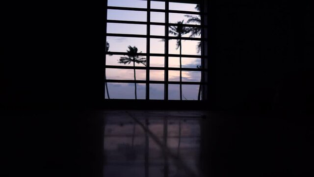 Outside the window  you can see the street with trees near beach. the winds blows the palm tree and the man besides the windows