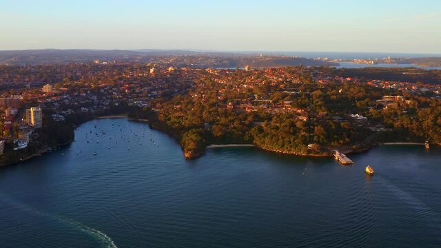 Panning Aerial View Of Taronga Zoo Wharf and surroundings during Sunrise in Sydney, NSW Australia