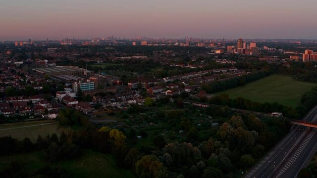 Drone shot of West London Hounslow after at sunset