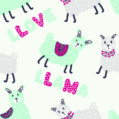 Pastel colored seamless pattern of lamas and text LLAMA LLOVE. Perfect for T-shirt, textile and prints. Hand drawn vector illustration for decor and design.

