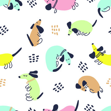 Bright multicolor summer seamless pattern of playing dachshunds and drops. Design for T-shirt, textile and prints. Hand drawn vector illustration.
