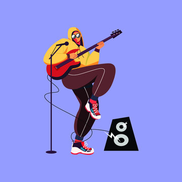Vector illustration of young musician instrument playing guitar and also singing.