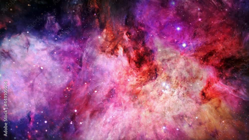 Poster seamless loop galaxy exploration through outer space towards beautiful glowing pink purple blue nebu