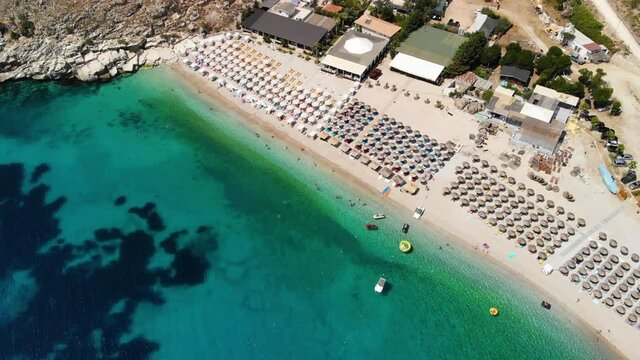 Beautiful seascape. Beach on coast of Ionian Sea in Albania, Ksamil, near Greece island Korfu. Birdseye view of Mirror Beach Pasqyra in Saranda, Albania Albanian Riviera View from drone