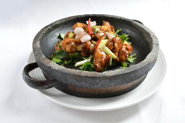 stir fried chicken meat with mala spicy sauce xiang guo in hot stone pot in white background asian halal menu
