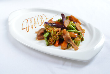 stir fried mixed vegetables with meat in spicy samba chilli sauce in white background asian halal menu
