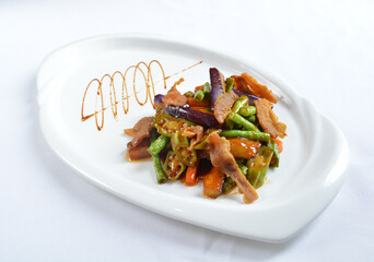 stir fried mixed vegetables with meat in spicy samba chilli sauce in white background asian halal menu