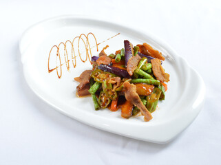 stir fried mixed vegetables with meat in spicy samba chilli sauce in white background asian halal menu