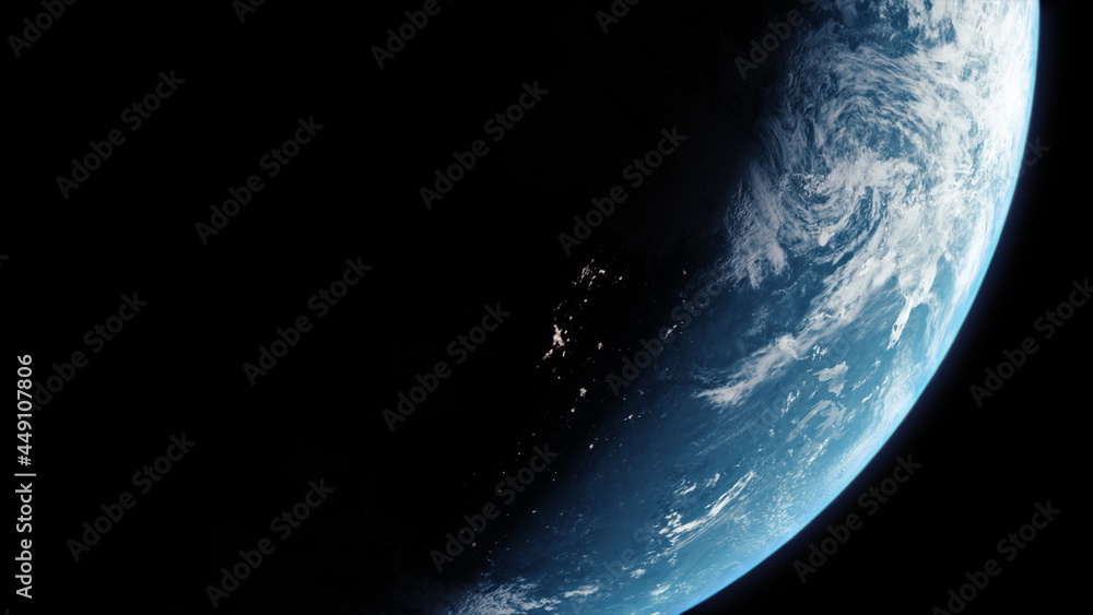 Poster a cinematic rendering of planet earth during sunrise as view from space with vibrant blue atmosphere