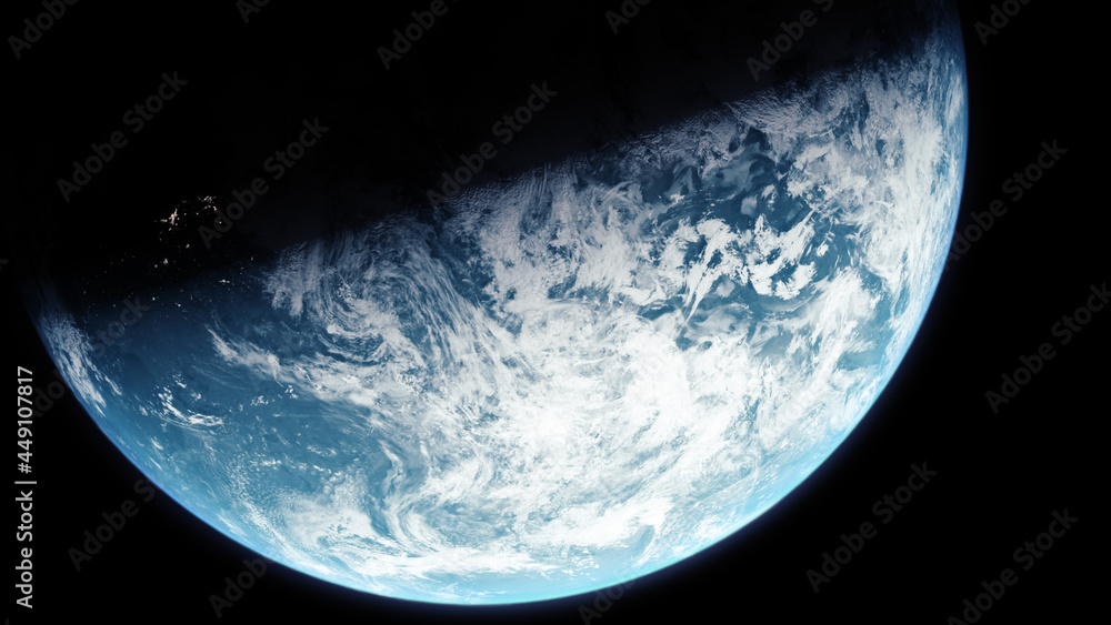 Aufkleber A cinematic rendering of planet Earth during sunrise as view from space with vibrant blue atmosphere and cloudy sky showing continents below