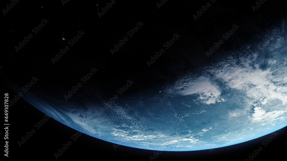 Poster a cinematic rendering of planet earth during sunrise as view from space with vibrant blue atmosphere