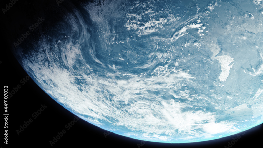 Poster a cinematic rendering of planet earth during sunrise as view from space with vibrant blue atmosphere