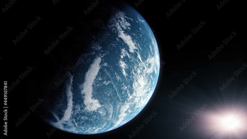 Poster a cinematic rendering of planet earth during sunrise as view from space with vibrant blue atmosphere