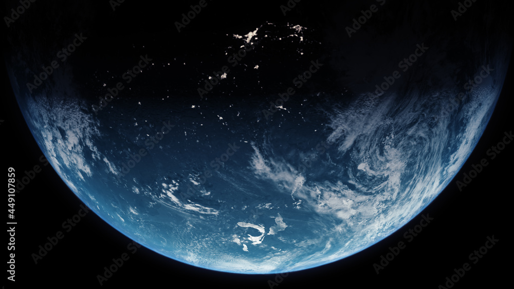 Poster a cinematic rendering of planet earth during sunrise as view from space with vibrant blue atmosphere