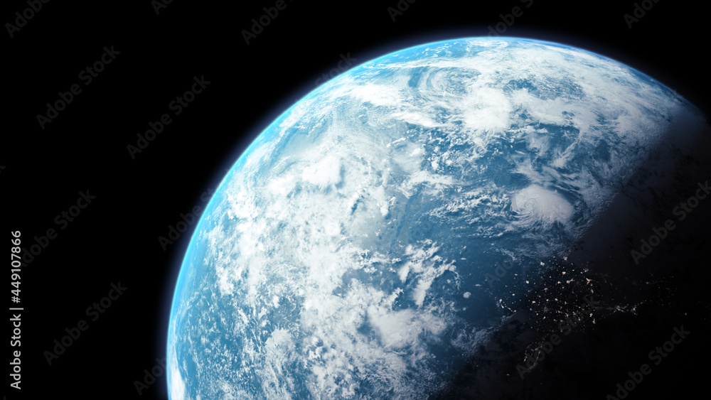 Poster a cinematic rendering of planet earth during sunrise as view from space with vibrant blue atmosphere
