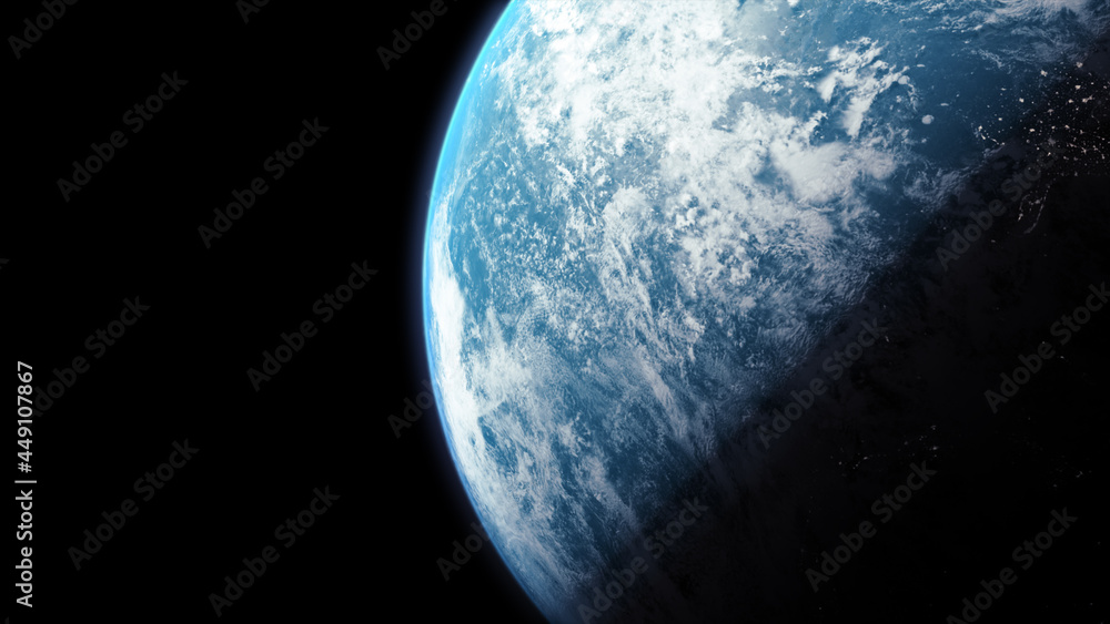 Poster a cinematic rendering of planet earth during sunrise as view from space with vibrant blue atmosphere