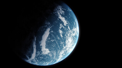 A cinematic rendering of planet Earth during sunrise as view from space with vibrant blue atmosphere and cloudy sky showing continents below