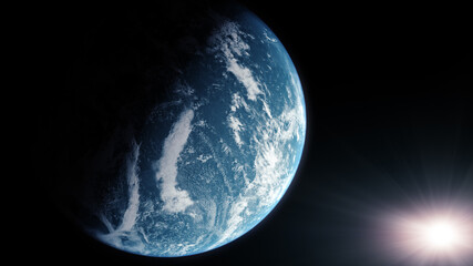 A cinematic rendering of planet Earth during sunrise as view from space with vibrant blue atmosphere and cloudy sky showing continents below