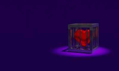 This 3D background illustration shows a heart locked up in a small prison with the light focused on the object, the meaning of this illustration is the feeling of not wanting to love someone anymore.