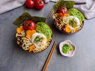 Homemade Japanese meal. Japanese Rice Bowl. Delicious and healthy with all the wholesome goodies.