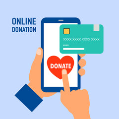 Hand holding smartphone and making online donation via credit card. Time for charity concept vector illustration.