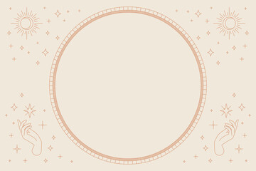 Two open hands vector round frame linear style on beige background