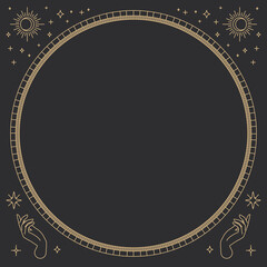 Two open hands vector round frame linear style on black background