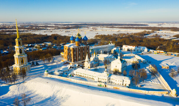 Scenic aerial view of architectural complex of ancient Ryazan Kremlin on sunny winter day, Russia