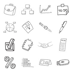 Business doodle icon set. Hand drawn sketch. Coloring page. Vector illustration isolated on white background.
